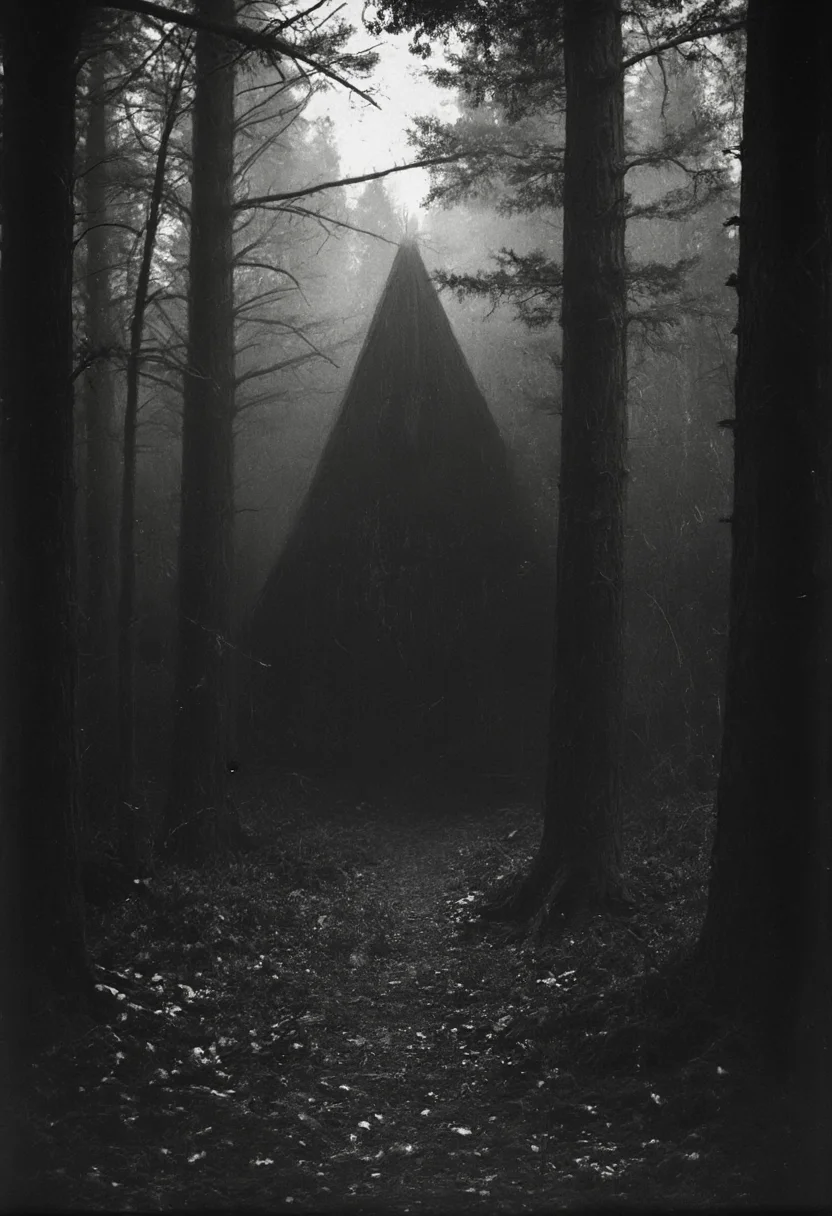 occult, old photo, dark creepy, ancient forest, cathedral, black and white photo, dark, shadow, distorted, grainy, film grain, Victorian