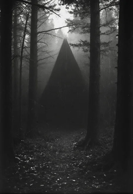 occult, old photo, dark creepy, ancient forest, cathedral, black and white photo, dark, shadow, distorted, grainy, film grain, Victorian