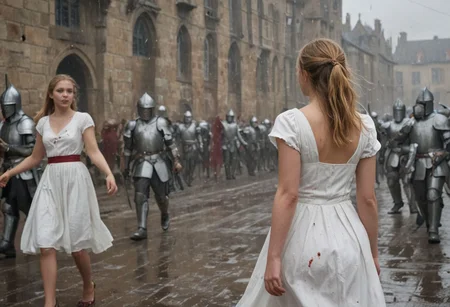 1 girl with an army of knights.
(happy little girl in clean white dress) runs with a white flower in her hand towards background (facing away) from camera. back turned.
(The Army of Knights is covered with blood and wounds), marching from right to left in background.
Masterpiece, DonMSt34mPXL, Realistic Lightning, Cinematic Lightning, Dark Lightning, Rain, Puddle, Clouded Sky, medieval, fantasy, pedestrians, Cape, Reflection, 1girl, army
