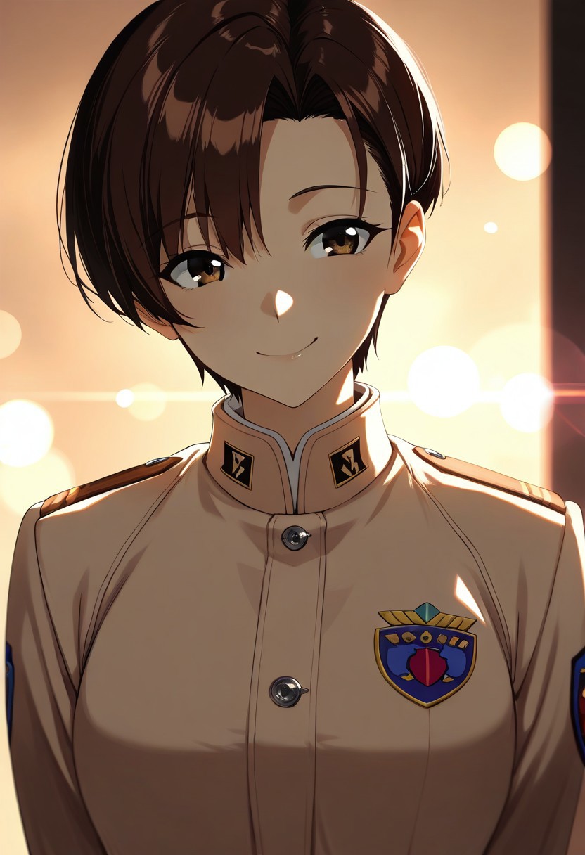 Masterpiece, 8k, aesthetic, beautiful eyes, beautiful hair, beautiful skin, soft lighting, soft shadow, bokeh, depth of field, lens_flare,,Maya Ibuki, , brown eyes, dark-brown hair, asymmetrical bangs, short hair, smiling,  , beige uniform ,undercut hair,