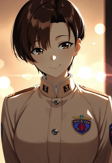 Masterpiece, 8k, aesthetic, beautiful eyes, beautiful hair, beautiful skin, soft lighting, soft shadow, bokeh, depth of field, lens_flare,,Maya Ibuki, , brown eyes, dark-brown hair, asymmetrical bangs, short hair, smiling, , beige uniform ,undercut hair,