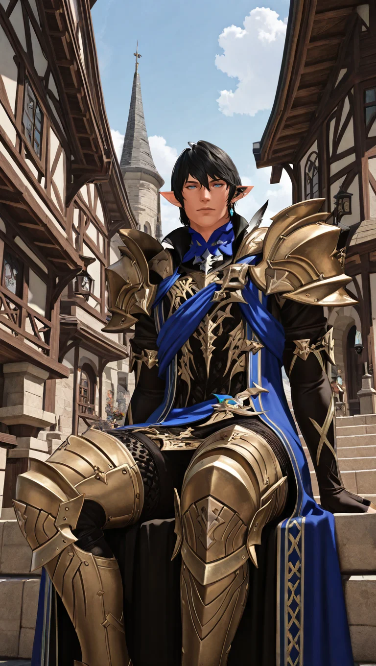 masterpiece,best quality,absurdres,newest,perfect quality,best quality,absolutely eye-catching,detailed background,male focus,solo,realistic,<lora:FFXIV - Aymeric de Borel - Illustrious-000006:0.7>,seraymeric,1boy,elezen,adult male,black hair,short hair,blue eyes,single ear cuff,single earring,blue hooded robe,pauldrons,elbow gloves,leg armor,armored thigh boots,sitting, outdoors, town