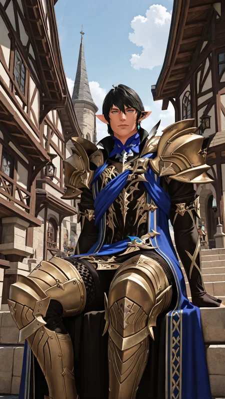 masterpiece,best quality,absurdres,newest,perfect quality,best quality,absolutely eye-catching,detailed background,male focus,solo,realistic,<lora:FFXIV - Aymeric de Borel - Illustrious-000006:0.7>,seraymeric,1boy,elezen,adult male,black hair,short hair,blue eyes,single ear cuff,single earring,blue hooded robe,pauldrons,elbow gloves,leg armor,armored thigh boots,sitting, outdoors, town