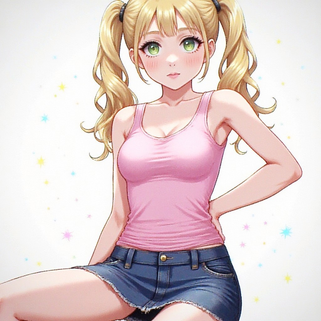 1girl,twintails,blonde hair,green eyes,pink tank top,denim skirt,Overexposure,Underexposure,Timestamp overlay,Lens flare,Grainy texture