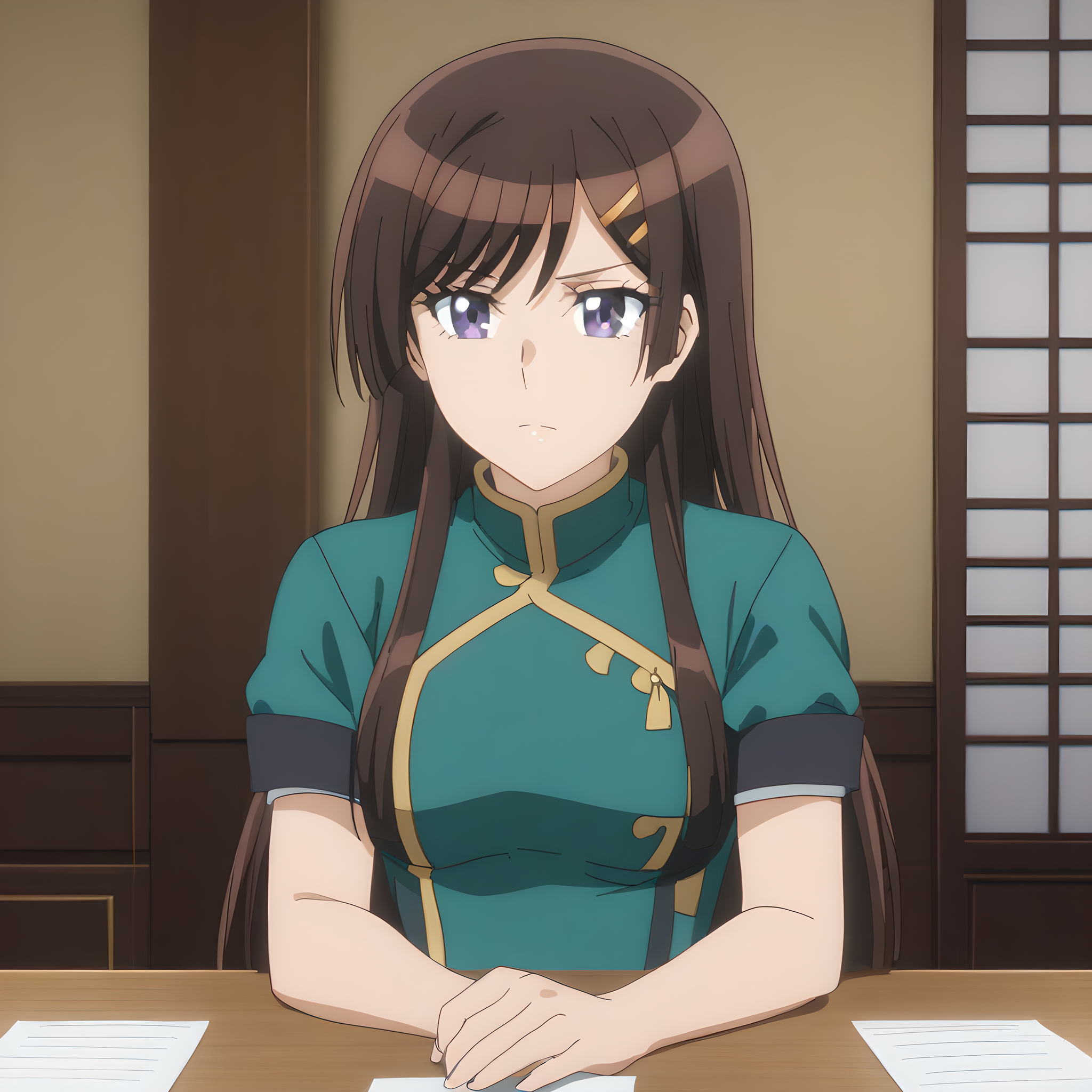otonashi_hibiki, 1girl, solo, long hair, hair ornament, brown hair, hairclip, chinese clothes, purple eyes, indoors, short sleeves, sitting, paper<lora:Otonashi_Hibiki:1>