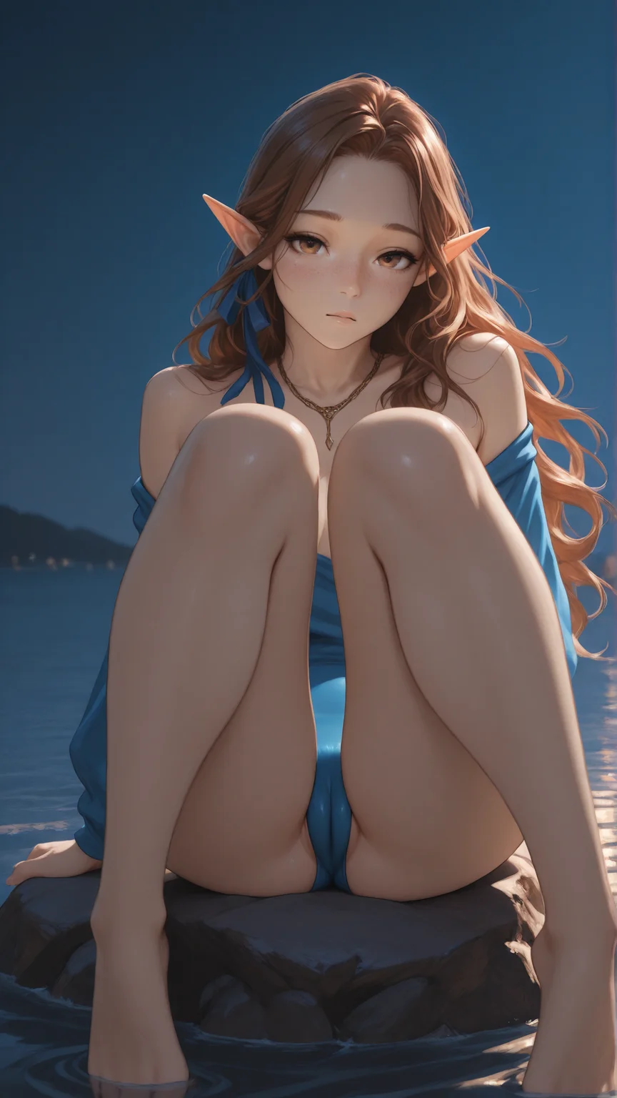 1girl,solo, masterpiece,best quality,amazing quality,very aesthetic,absurdres,newest,detailed eyes,
A professional,high-quality, portrait of a woman,
Elyrija, female elf woman, brown eyes, brown hair, long wavy hair, nude, golden chains, freckles, <lora:Elyrija:0.8>, blush,
available light,golden hour glow,subtle shadows,diagonal shadows,
blue leotard, higwaist, long sleeves, off the shoulder, cameltoe, leaning backward, sitting on a rock, outdoor, water, night, barefoot by the water, curious, eye view, blue hair ribbon, head curiously tilted towards the viewer, side view.