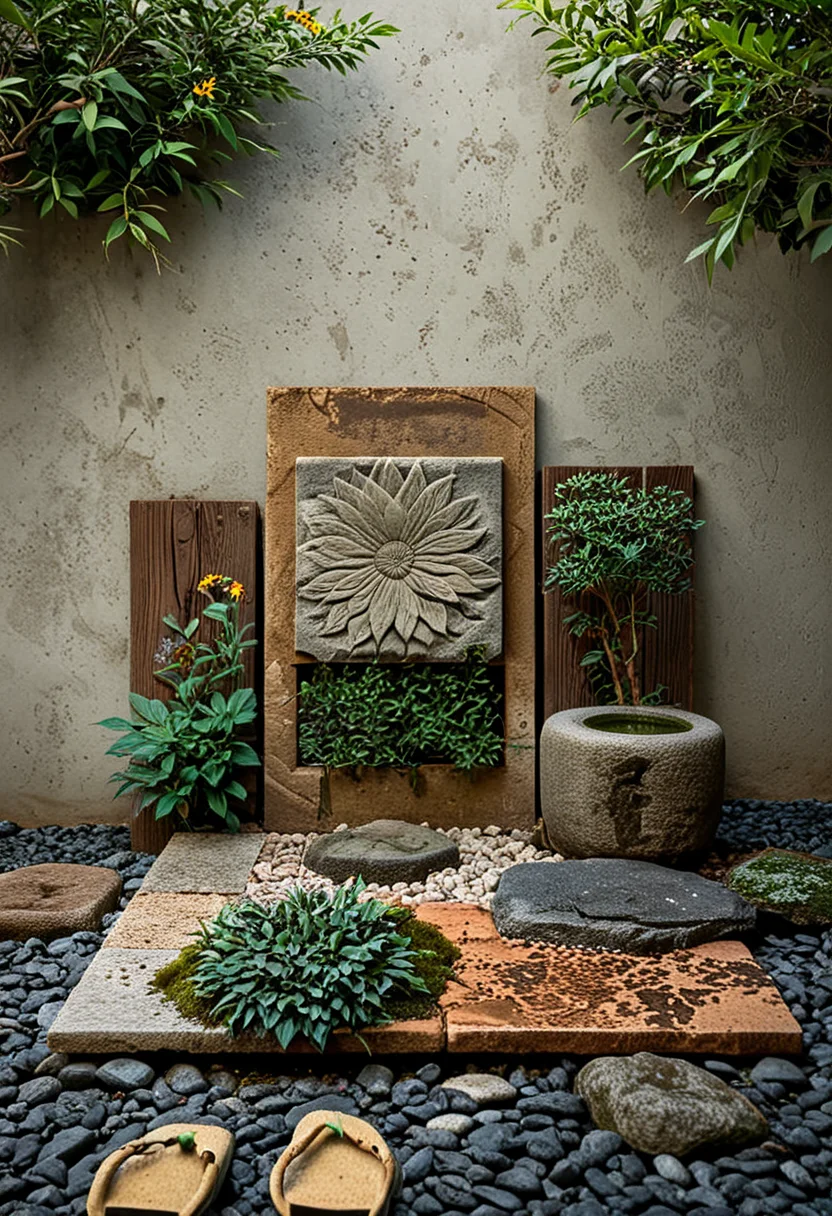 d577:0.25, A realistic Japanese courtyard garden with moss-covered mounds,natural stones and neatly arranged stepping stones forming a winding path, wabi-sabi aesthetics, spatial layering, and material harmony, a small garden with a few plants and a pair of flip flops in front of a wall with a picture of a sunflower on it, plants and concrete wall and concrete pavers and concrete blocks and concrete planters and bench and postcard holder ' s, cinematic lighting, glossy paper, iso150, 35mm, score_9, score_8_up, score_7_up, intricate details, Hyperrealism style, 3d, concept-art, dreaminess, psychedelic, shallow-depth-of-field, cinematic lighting, soft bokeh, very beautiful composition, Unreal, real-time 3D, Epic Games style, Unreal Engine style, 3d-rendering, vibrant contrast depth and shadow enhanced using (Gaussian blur) for a soft background focus, (sharpen filter) applied, (color grading) to enhance contrast between warm and cool tones, (noise reduction) for a smooth, clean finish, (HDR toning) used for extra depth and detail, highly detailed dreamy background detailed skin texture, subsurface scattering award-winning, professional, highly detailed . dreamlike, mysterious, provocative, symbolic, intricate, detailed, hyper-detailed, masterpiece, award winning, midjourneyv6.1