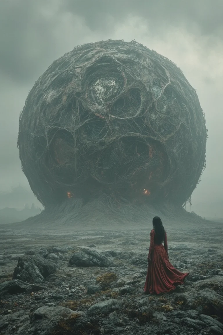 A hauntingly beautiful dark fantasy scene, showcasing a vast, barren landscape with a colossal, organic spherical object. The sphere, composed of twisted, intertwining materials, reveals a hollow core with a mesmerizing mesh-like structure. A mysterious woman, dressed in a flowing red gown, stands on rocky terrain, gazing intently at the enigmatic sphere. The overcast sky looms above, casting an eerie atmosphere over the desolate landscape. In the distance, ominous structures can be seen on the horizon, hinting at a wider world filled with intrigue and danger. This striking image evokes a sense of wonder and curiosity, inviting viewers to explore the enigmatic world that lies within., cinematic, poster, painting, dark fantasy, conceptual art