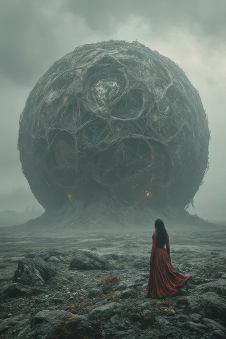 A hauntingly beautiful dark fantasy scene, showcasing a vast, barren landscape with a colossal, organic spherical object. The sphere, composed of twisted, intertwining materials, reveals a hollow core with a mesmerizing mesh-like structure. A mysterious woman, dressed in a flowing red gown, stands on rocky terrain, gazing intently at the enigmatic sphere. The overcast sky looms above, casting an eerie atmosphere over the desolate landscape. In the distance, ominous structures can be seen on the horizon, hinting at a wider world filled with intrigue and danger. This striking image evokes a sense of wonder and curiosity, inviting viewers to explore the enigmatic world that lies within., cinematic, poster, painting, dark fantasy, conceptual art