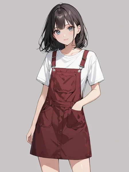 masterpiece,ultra-detailed,best quality,8K,illustration,cute face,clean skin ,shiny hair,girl,ultra-detailed-eyes,simple background, <lora:add-detail-xl:1> <lora:salopette_XL_V1.0:1> salopette, overall skirt,shirt