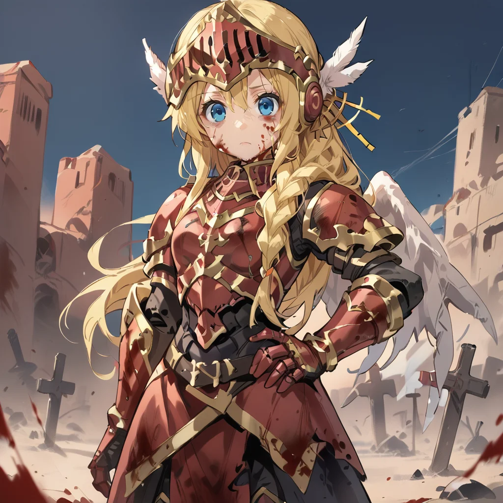 (score_9, score_8_up, score_7_up, score_6_up), source anime, BREAK, <lora:Aegina:0.60> , aegdef, 1girl, blonde hair, long hair, braid, blue eyes, valkyrie, visor (armor), winged helmet, armored dress, armor, gauntlets, boots, serious, closed mouth, looking at viewer, solo, cowboy shot, angel, angel wings, white feathers, blood, blood on clothes, blood on face, hand on hip, <lora:04kXLP:0.5> , 04k, battlefield, bloody, corpses, crosses, graveyard, rubble, <lora:Pony_XL_TYGS_Gloom_Bloom_Gloomy_Anime_Art_Style:0.6>, <lora:zy_Detailed_Backgrounds_v1:0.5> , detailed background, highly detailed, castle, fortress, wasteland, desert, sunset,