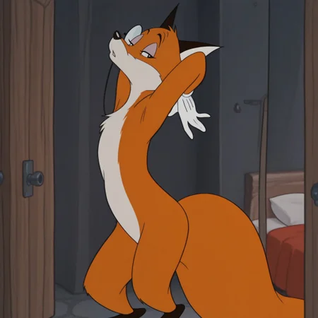 masterpiece, best quality, amazing quality, official artstyle, r3gin41d, male, furry male, anthro, solo, fox, orange fur, white fur, two-tone fur, purple eyelids, eyelashes, black eyes, black nose, bushy tail, white gloves, black monocle, standing, arms behind head, seductive, looking at viewer, indoors, bedroom