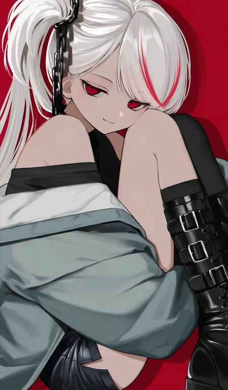 <lora:HonnryouHanaru-Style>,
highres,absurdres,newest,very awa,masterpiece,best quality,year 2024,
(upper body:1.6),
1girl,solo,red eyes,white hair,long hair,(swept bangs),red streaked hair,side ponytail,open jacket,off-shoulder shirt,bare shoulder,long sleeves,shorts,chain,side slit,boots,buckle,single thighhigh,black thighigh,upper body,looking at viewer,(jitome:1.2),tsurime,light smile,smirk,(lying:1.3),on side,hugging own legs,simple background,drop shadow,
