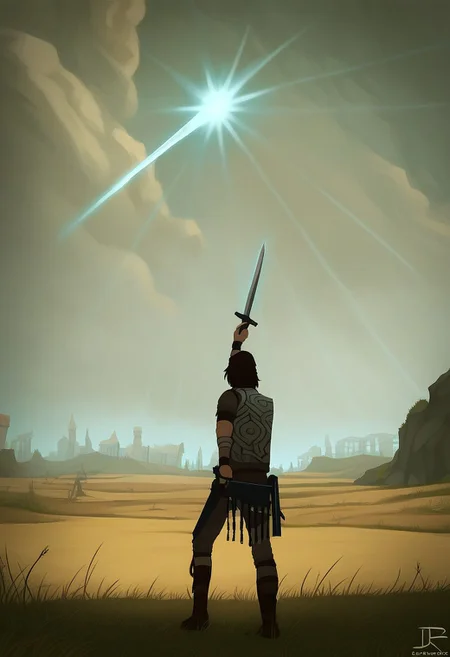 ,score_9, score_8_up, score_7_up,
SOTCWanda, SOTCSword, solo, brown hair, black hair, 1boy, holding, weapon, male focus, outdoors, sky, sword, cloud, from behind, holding weapon, bandages, holding sword, cloudy sky, grass, scenery, bandaged arm, glowing weapon