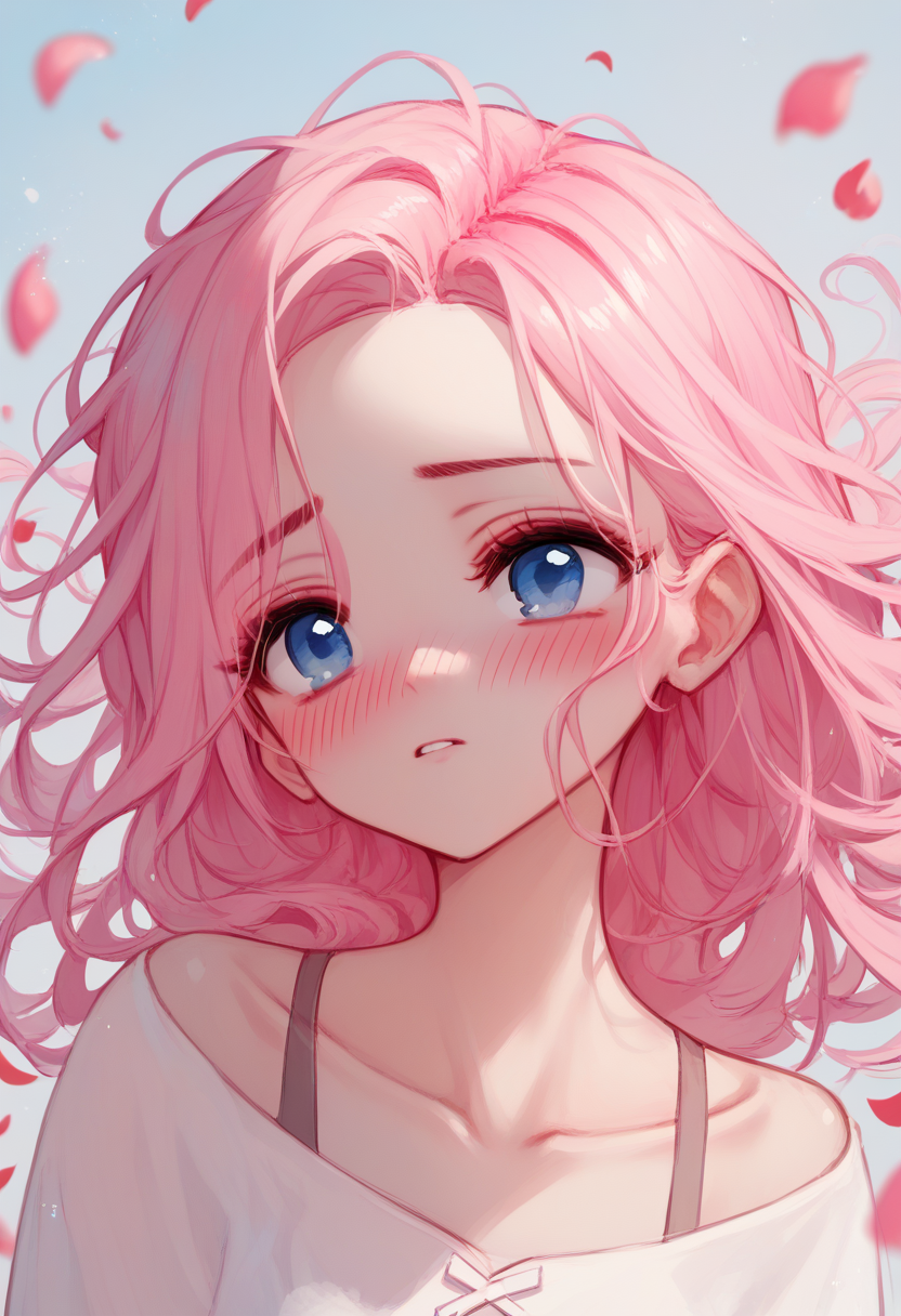 score_9, score_8_up, score_7_up, score_6_up, 1girl, pink hair, portrait, blue eyes, collarbone, blush, falling petals, 
<lora:tando_v0.4-pony:1>