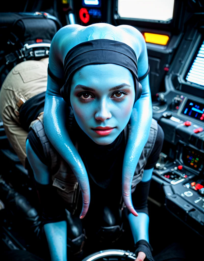 8k UHD, 1440p, hires, score_9, score_8_up, score_7_up, score_6_up, score_5_up, source_photo, amateur_photo, realistic, explicit, solo, intricate detail, perfect eyes, face focus, Mission-Vao, VaoM, KOTOR, Twi'lek, Lekku, alien, colored skin, blue skin, hairband, 1girl, solo, round face, puffy eyes, brown eyes, slim hips, thin legs, from above, cute, black shirt, vest, pants, boots, in cockpit <lora:Expressive_H:1> <lora:PerfectEyesXL:0.7> <lora:Pony_Mission-Vao_V1:1>