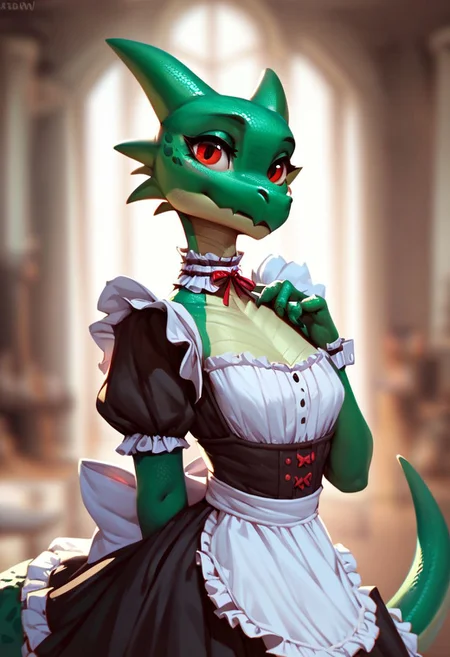 (((beautiful, high quality))), upper Body, score_9, score_8_up, score_7_up,
Kobold, furry dragon, tail, short stature, 1girl, green scales, red eyes, maid costume,
looking at the viewer, posing,
blurred background,