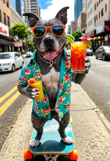 smiling Gray Pitbull in sunglasses holding a small fruity cocktail drink, and wearing a vintage Aloha shirt and jean shorts BREAK balancing on a neon skateboard speeding down a busy city street, vivid reflections, ultra detailed, insane texture, HDR, focus stacking, soft bokeh, 8K, award winning photography, cinematic, vignette film grain, grainy, (motion blur:1.2), (shallow depth of field:1.2), (fish eye lens:1.3) <lora:Gray Pitbull Dog:0.8> <lora:MJ52:0.3>