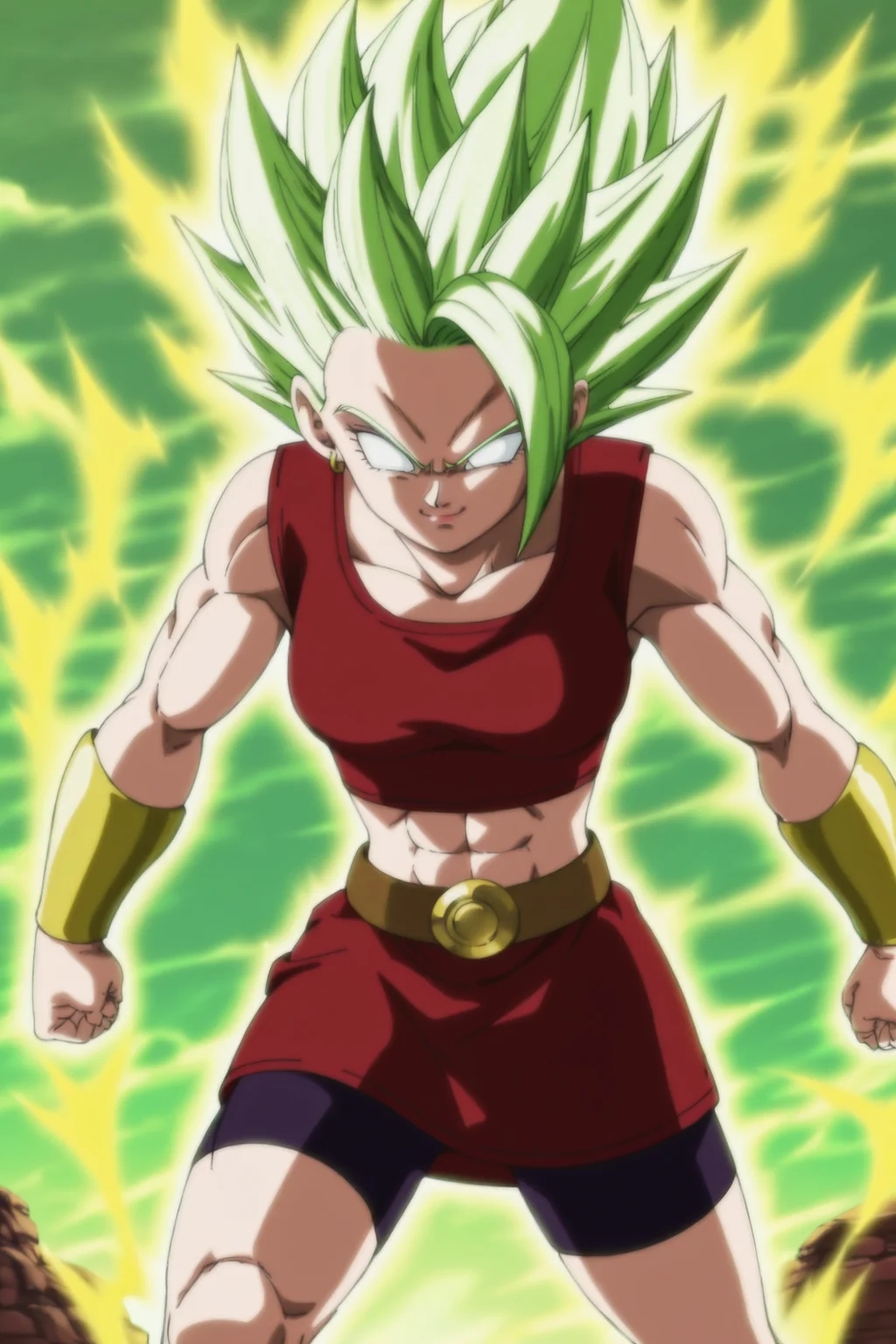 anime screencap, absurdres, high quality,
kale, manga beserk form, super saiyan, blank eyes, tight, official style, 1girl, solo, breasts, smile, hoop earrings, green hair, midriff, red crop top, muscular, skinny, abs, spiked hair, bike shorts, muscular female, gold bracers, gold aura, miniskirt, belt, clenched hands, gold footwear, two tone footwear, boots, red skirt, bare shoulders, sleeveless, shorts under skirt, green sky, green hue, rock
<lora:kaleDBS_v1:0.8>
