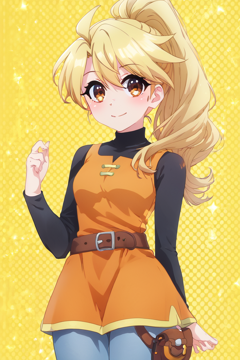 score_9, score_8_up, score_8, medium breasts, (curvy), cute, eyelashes,       BREAK, , zzYellow, brown eyes, blonde hair, long hair, ponytail, bangs, orange tunic, brown belt, pants, <lora:Yellow_Pokemon_PDXL_v2:0.8>, , BREAK, (warm colors), smile, looking at viewer, cowboy shot, embedding:zPDXL, Expressiveh, <lora:PrismaIllya_PDXL_v3:1.0>,  <lora:SDXLFaeTastic2400:0.5>,  <lora:Expressive_H-000001:0.4>,