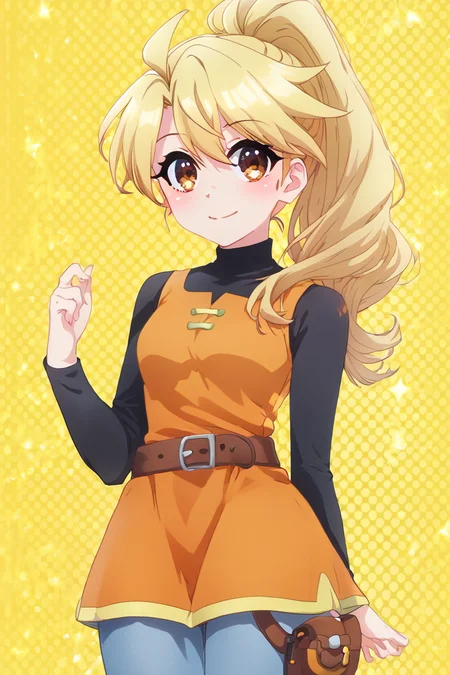 score_9, score_8_up, score_8, medium breasts, (curvy), cute, eyelashes, BREAK, , zzYellow, brown eyes, blonde hair, long hair, ponytail, bangs, orange tunic, brown belt, pants, <lora:Yellow_Pokemon_PDXL_v2:0.8>, , BREAK, (warm colors), smile, looking at viewer, cowboy shot, embedding:zPDXL, Expressiveh, <lora:PrismaIllya_PDXL_v3:1.0>, <lora:SDXLFaeTastic2400:0.5>, <lora:Expressive_H-000001:0.4>,