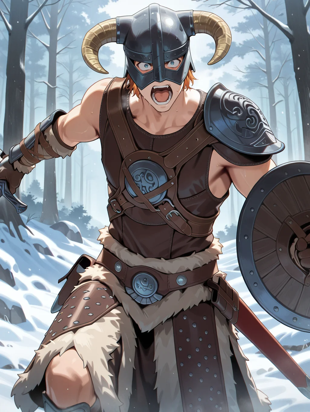 dovahkiin armor,horned helmet,sword,shield,solo,sheath,open mouth,holding sword,shoulder armor,male focus,1boy,breastplate,pauldron,brown gauntlets,
masterpiece,best quality,amazing quality,very aesthetic,absurdres,newest,<lora:Dovahkiin illuXL v1:0.78>,