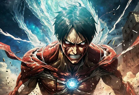 Eren Yeager, in his Titan form, tears through Marley's defenses. Buildings collapse, as his raw, emotional roars resonate with the very essence of the Attack Titan.
galaxy hair swirling around her, nebulae resembling battle smoke, stars like piercing weapons, (symbolism:1.3), bold colors, textured background, stylized like a tarot card