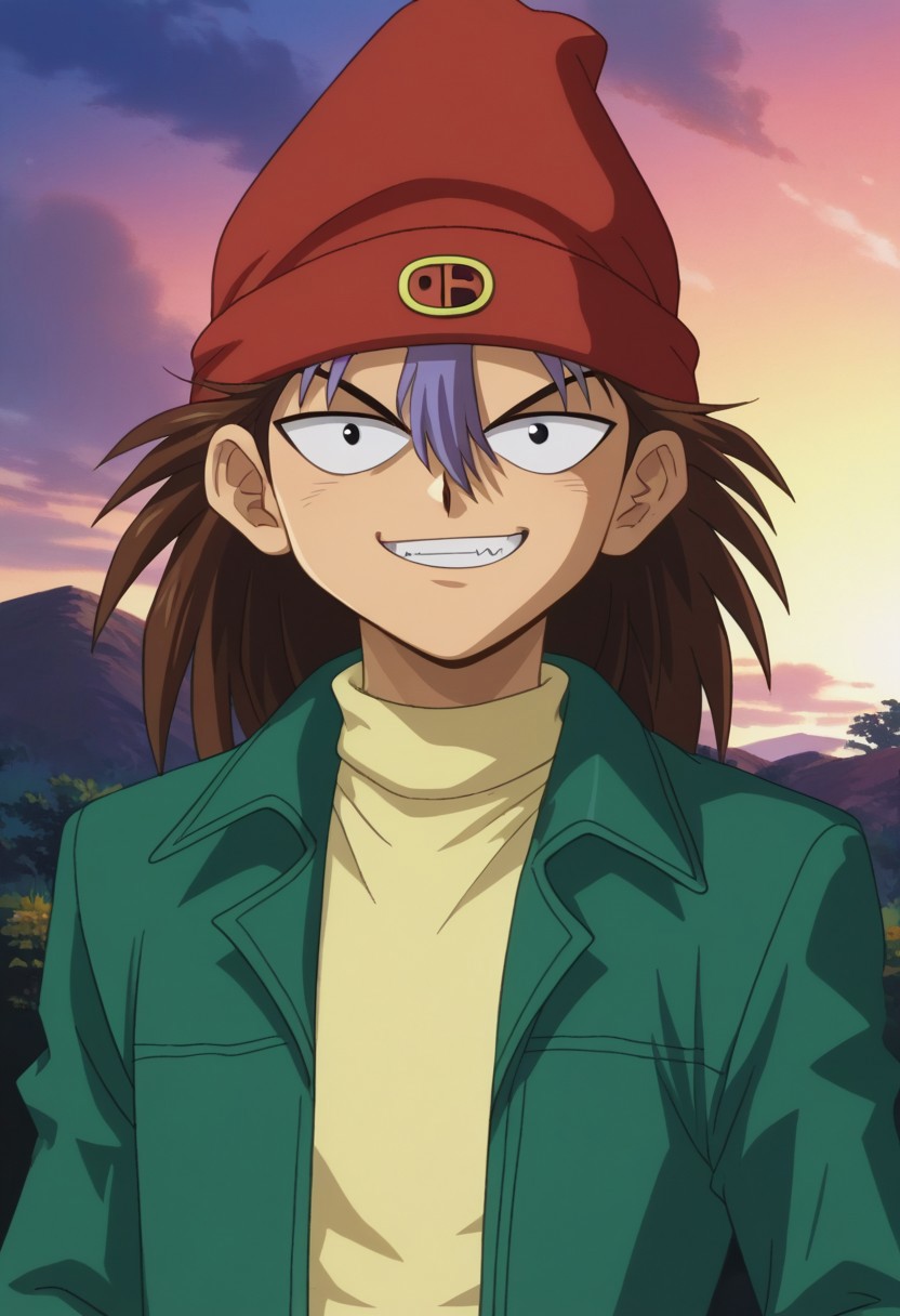 score_9, score_7_up, source_anime
ryuzaki, 1boy, male focus, solo, black eyes, brown hair, long hair, multicolored hair, two-tone hair, brown hair, purple hair, hair between eyes, hat, beanie, red headwear, shirt, yellow shirt, turtleneck, jacket, green jacket, long sleeves, open jacket, open clothes, grin
outdoor, sky,