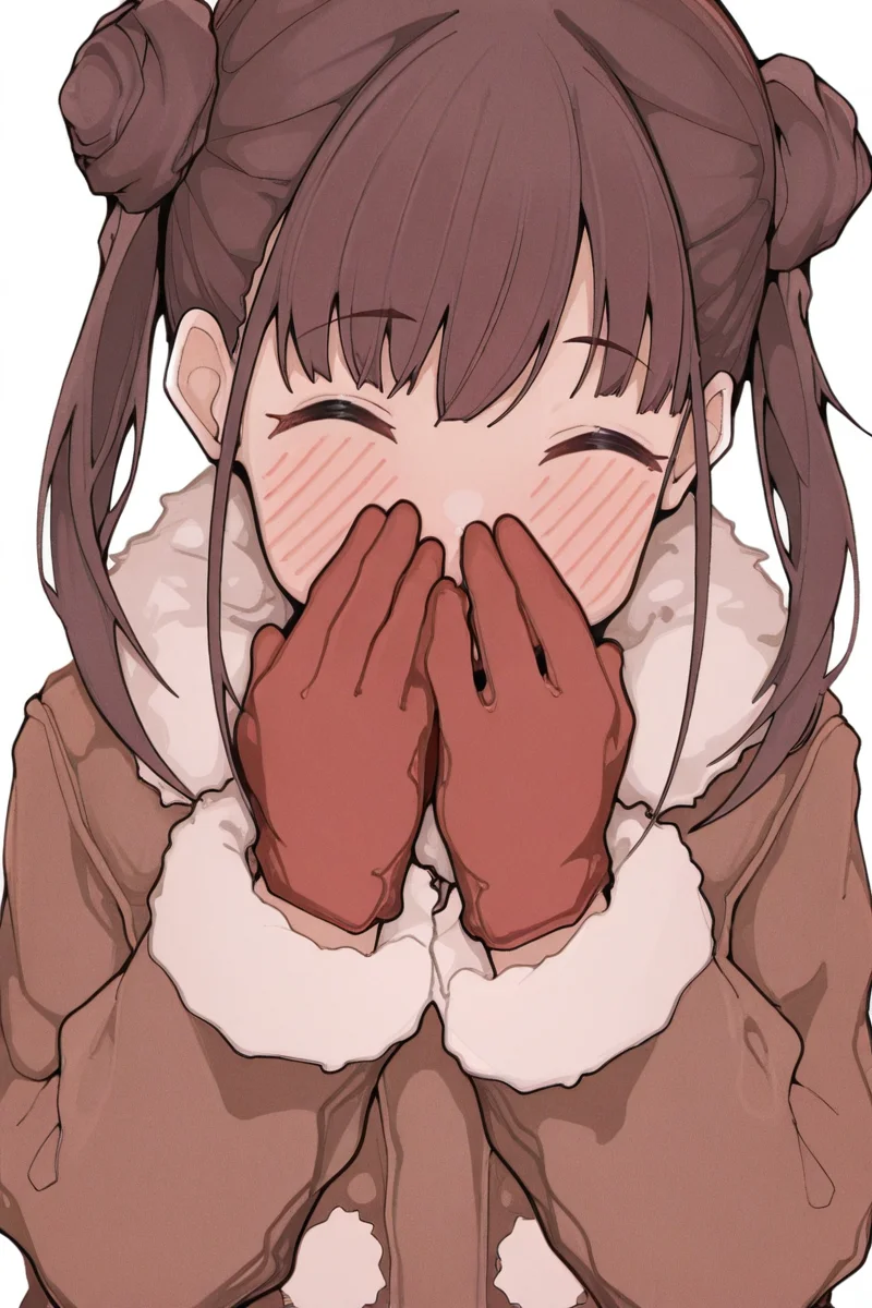 masterpiece, best quality, amazing quality,
 <lora:Misekai_IL:1> misekai, 1girl, double bun, hair bun, solo, closed eyes, twintails, brown hair, gloves, blush, red gloves, upper body, bangs, white background, fur trim, coat, long sleeves, ^ ^