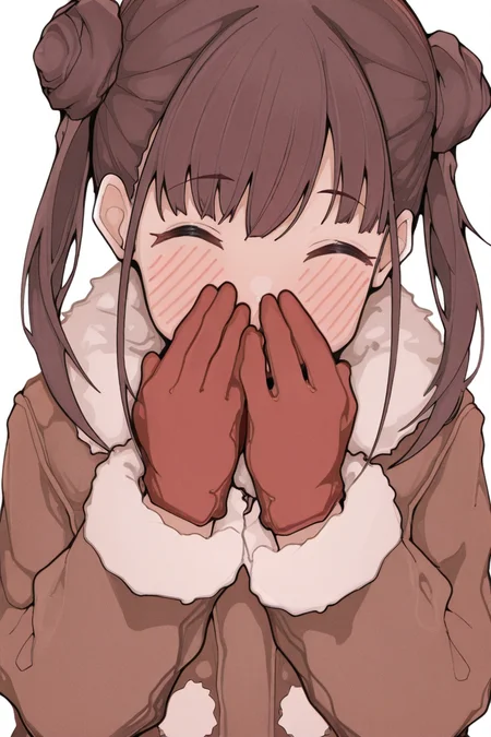 masterpiece, best quality, amazing quality,
 <lora:Misekai_IL:1> misekai, 1girl, double bun, hair bun, solo, closed eyes, twintails, brown hair, gloves, blush, red gloves, upper body, bangs, white background, fur trim, coat, long sleeves, ^ ^