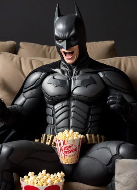 <lora:PE_Batman_DarkKnight:0.7> PEBatman,
Laughing out loud, pointing, eating popcorn, sitting on sofa,
masterpiece, high resolution, octance 4k, high detail,
