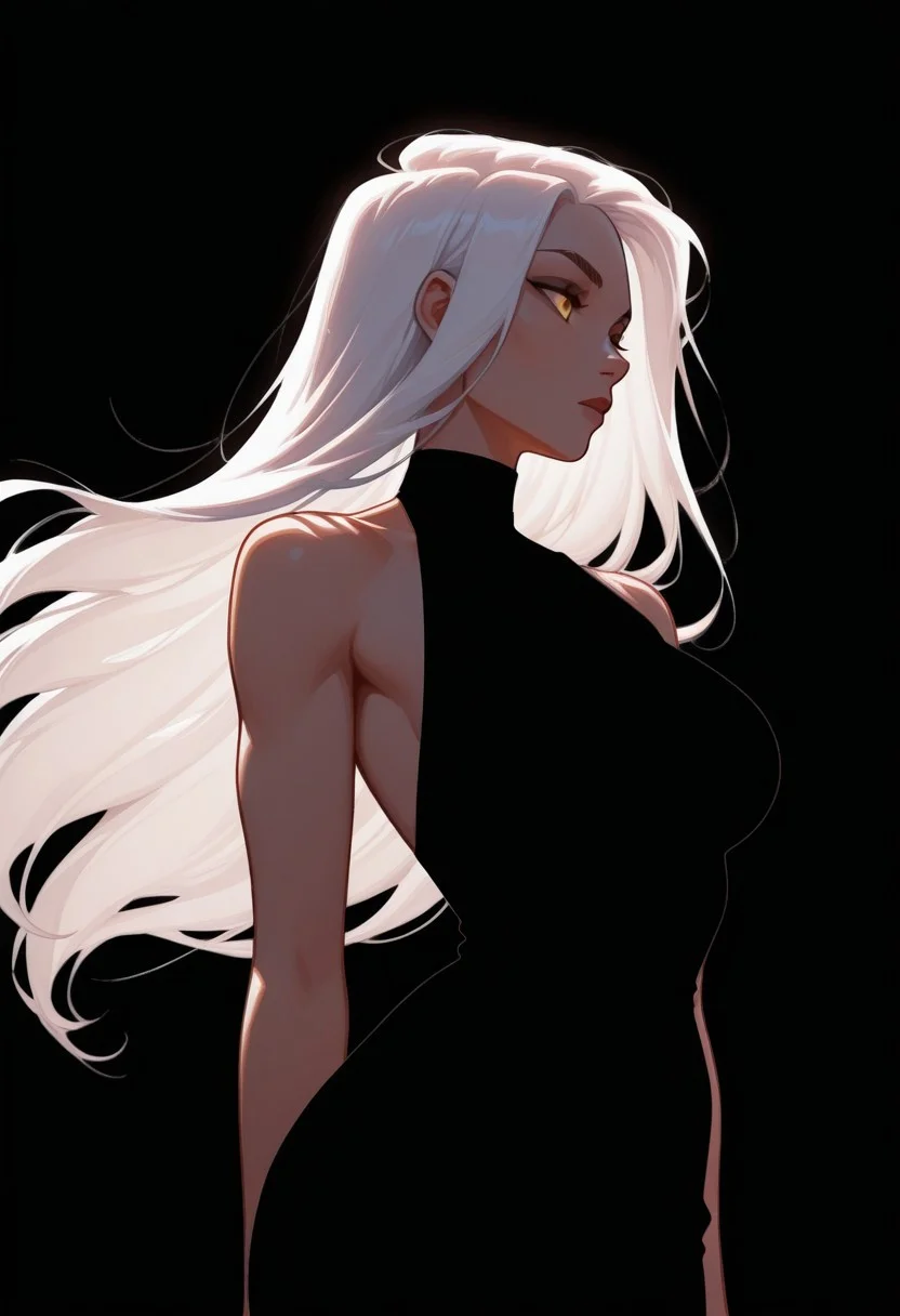 1girl, solo, female, woman
black cocktail dress, sleeveless dress,
backlit,
floating white hair,
blend_in. black background,
