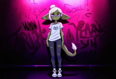 masterpiece, best quality, newest, absurdres, highres, furry, perfect anatomy, (Gwendolyn_Tennyson G0b1),1girl,solo,goblin girl,dark-skinned female,pointy ears,short hair,white hair,single hair bun,purple eyes,semi-rimless eyewear,freckles,colored skin,tail, white shirt, graphic t-shirt, ripped jeans, denim, sneakers, black and white shoes, underpass, graffiti, posing, secluded, solo, solo focus,