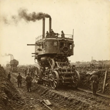 An aged worn sepia monochrome 1800s photograph of a steam powered mecha, turret with large canon, armless, no arms, walking robot, smokestacks up top, thick black smoke, walking through No-man's land between the allied trench line and the enemy trench line, soldiers in the trenches