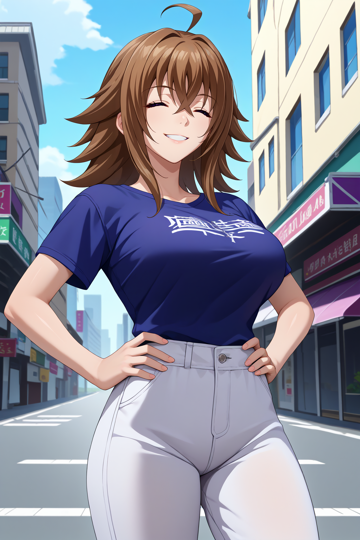 score_9, score_8_up, score_7_up, score_6_up, source_anime, 1girl, solo,  <lora:venelana-pdxl-nvwls-v1-000005:1> hsdxdve, brown hair, medium hair, hair between eyes, ahoge, purple eyes, large breasts, closed eyes, smile, blue t-shirt, white pants, hands on hips, looking at you, blue sky, city