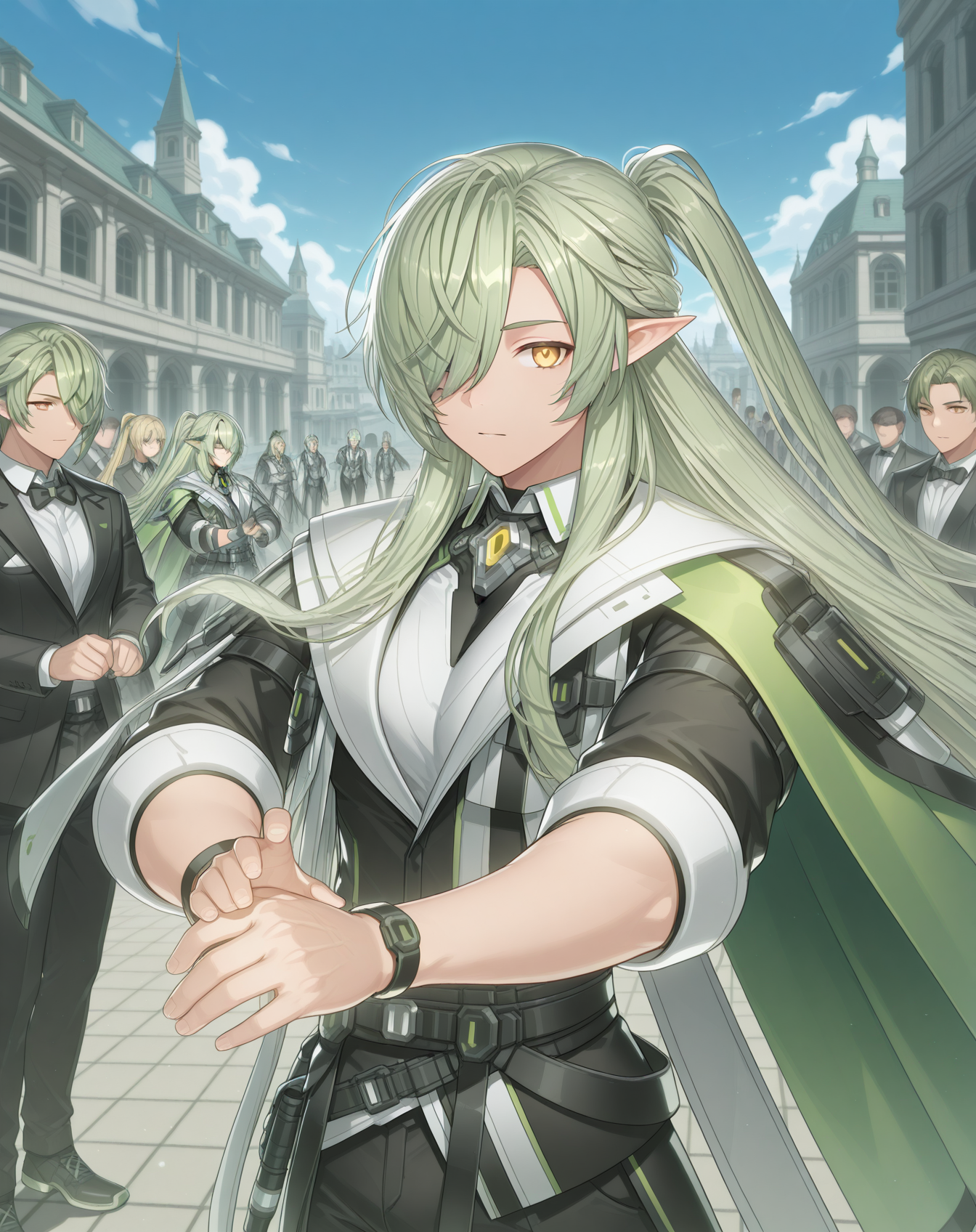 masterpiece,best quality,amazing quality, newest, very aesthetic, absurdres,
1boy, solo, yaoi, male focus, looking at viewer, cowboy shot, standing,
 <lora:Zero_T_FSI_ilxl:1>  zerotfsi, hair over one eye, green hair, pointy ears,yellow eyes, ponytail, half updo, elf, hair between eyes,sidelocks, one eye covered,
formal, tuxedo, neck ribbon, white shirt, collared shirt, black pants, shoes, black footwear, suit jacket, black jacket,
outdoors, day, blue sky, building, people,
