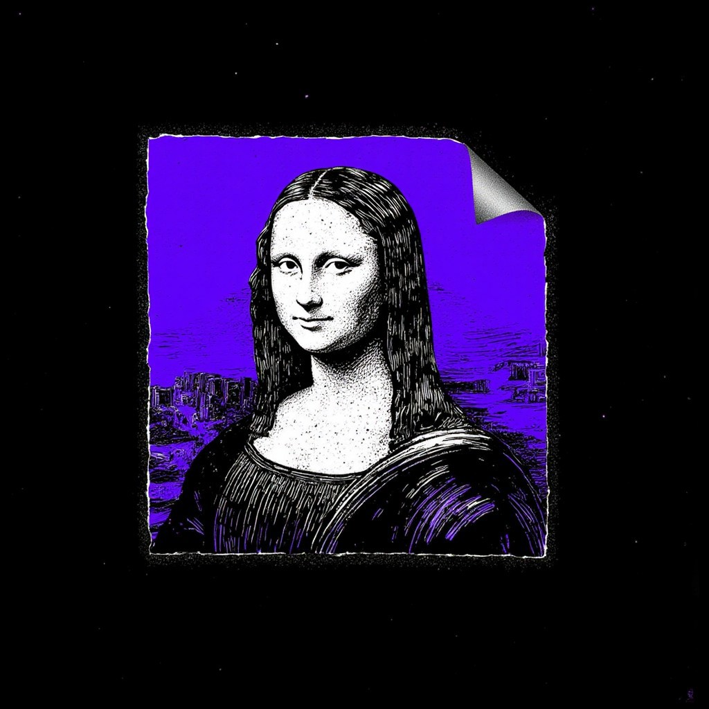 A hand-drawn cyberpunk anime illustration of the Mona Lisa. Portrait rendered in rough white lines on a black background. A solid purple sticker is being peeled back from one corner. The sticker has a pixelated, corrupted texture. Sharp contrast between the clean white lines of the portrait and the vibrant purple of the distorted sticker layer.