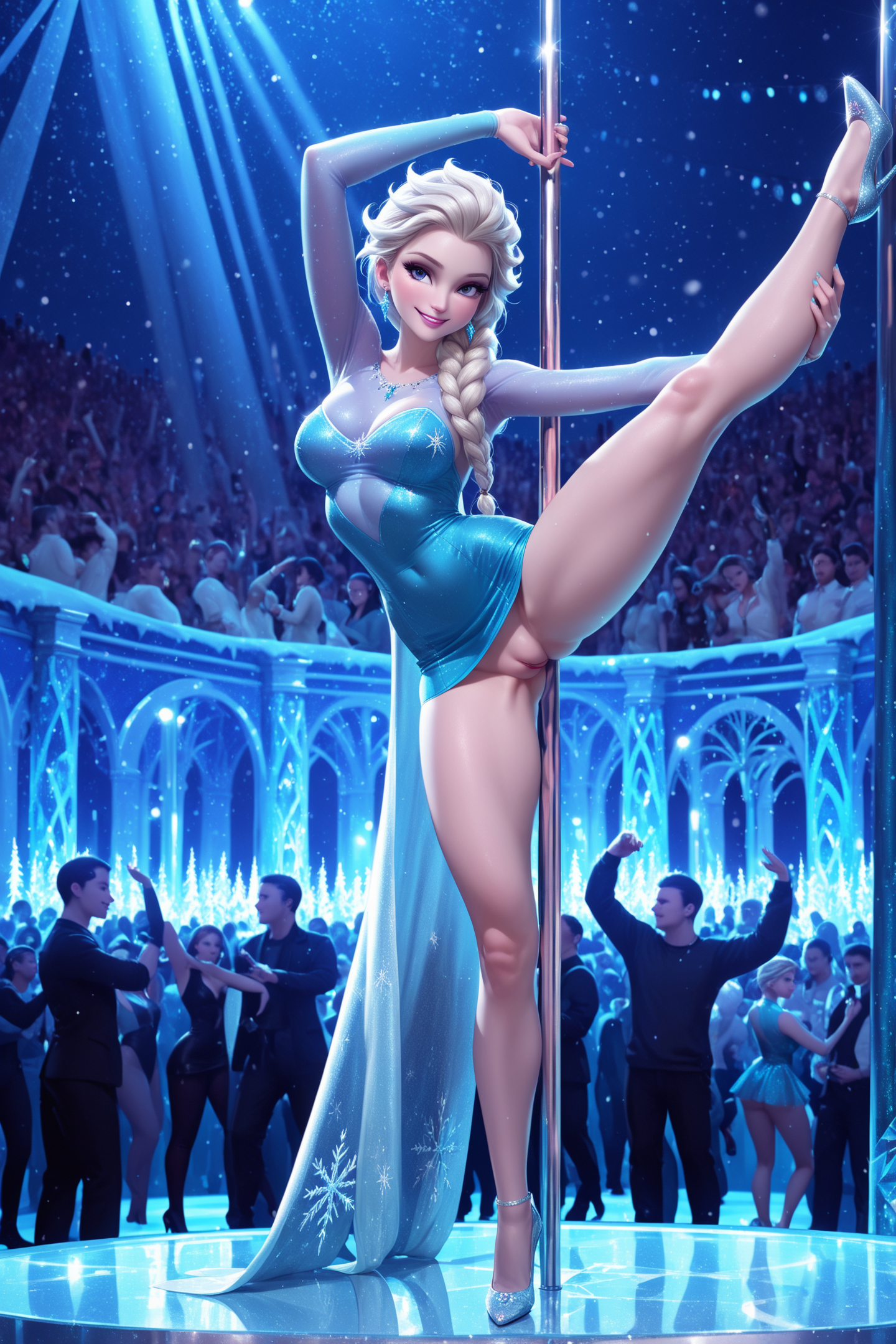 Elsa from Frozen, 1girl,indoor,full body,dancing,leg up,pole dancing,smile,microdress,dress,earrings,pole dancing bar,crowd,vagina <lora:Atomix_Night_Style_V1:0.5> <lora:Detailer_NoobAI_Incrs_v1:1>