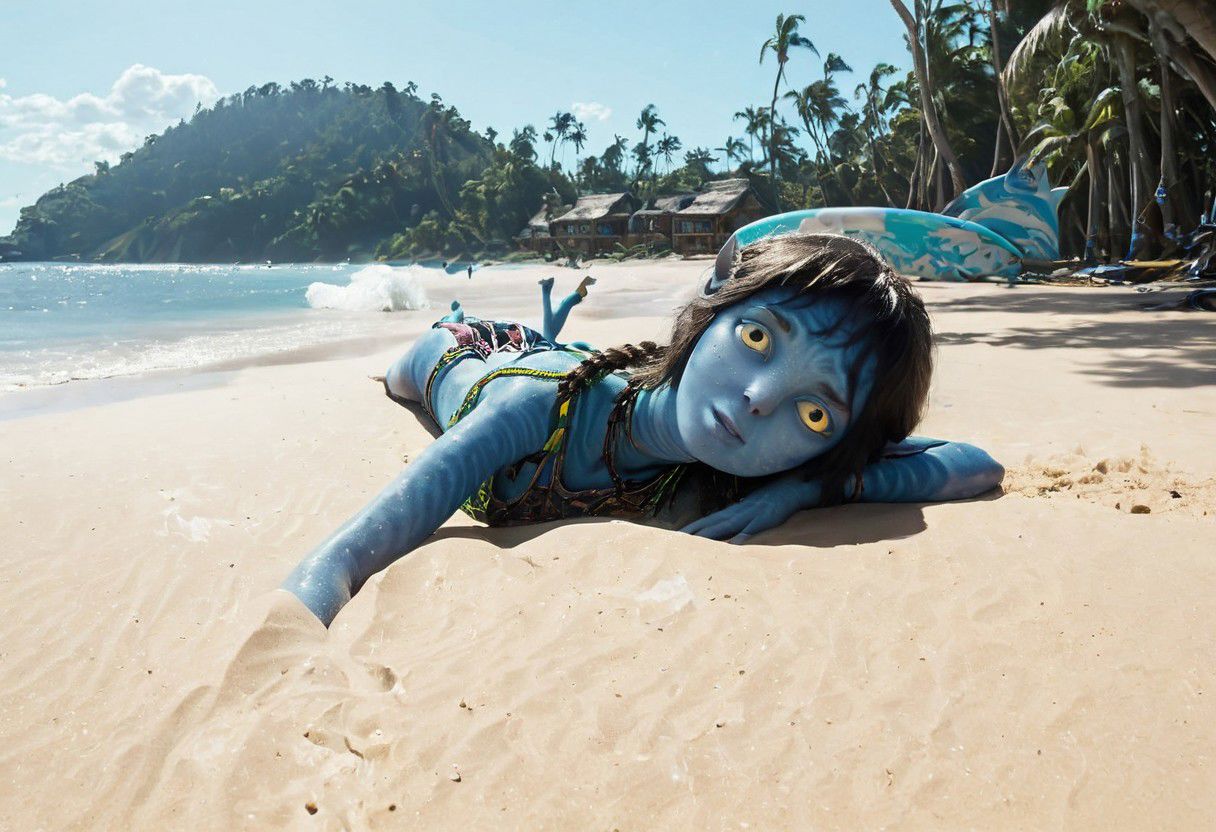 Kiri ((laying on her (side)), on beach sand, (hand under head), [[[[closeup]]]], suntanning, along, big eyes wide open, (looking at viewer), seaside, tribal huts and trees and (sea with ((high surf))) on background, symmetrical eyes, symmetrical pupils, SK_CINEMATIC