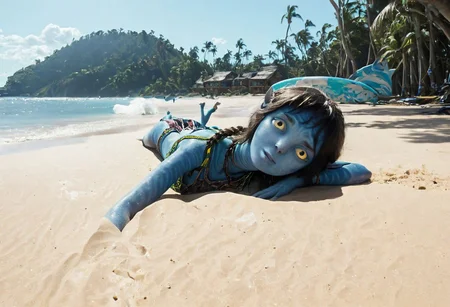 Kiri ((laying on her (side)), on beach sand, (hand under head), [[[[closeup]]]], suntanning, along, big eyes wide open, (looking at viewer), seaside, tribal huts and trees and (sea with ((high surf))) on background, symmetrical eyes, symmetrical pupils, SK_CINEMATIC