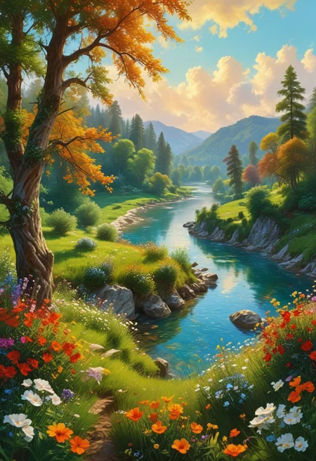OverallDetail. A serene and breathtaking landscape of a lush meadow, stretching out as far as the eye can see. The carpet of vibrant green grass is speckled with wildflowers in every color of the rainbow, swaying gently in the warm breeze. In the distance, rolling hills rise and fall, adorned with dense forests of towering trees, their canopies intertwined to create a natural ceiling of emerald greenery. A crystal-clear river meanders lazily through the valley, its sparkling waters reflecting the blue sky above. The horizon is dotted with puffy white clouds, casting soft shadows across the landscape. The air is filled with the sweet scent of flowers and the song of birds, creating a harmonious symphony of nature. A warm golden glow bathes the entire scene, painting everything in warm hues, as the setting sun slowly dips below the horizon, signaling the end of another day in this idyllic natural landscape.