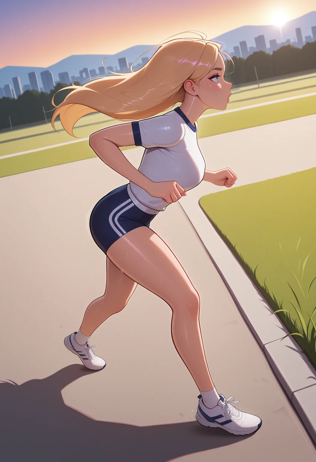 <lora:mixed4:1>, masterpiece, absurdres, highres,amazing quality, best quality, extremely detailed, 8k,1girl, blonde hair, full body, gym outfit, active pose, running, depth of field, perspective, motion blur, park, dusk, shadow, sweating, looking ahead, dutch angle, wide shot, meadow, lake, city outline, from side, long hair, hair in the wind