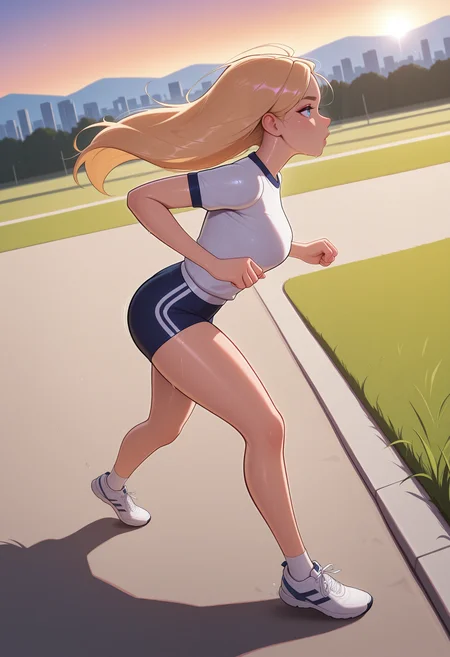 <lora:mixed4:1>, masterpiece, absurdres, highres,amazing quality, best quality, extremely detailed, 8k,1girl, blonde hair, full body, gym outfit, active pose, running, depth of field, perspective, motion blur, park, dusk, shadow, sweating, looking ahead, dutch angle, wide shot, meadow, lake, city outline, from side, long hair, hair in the wind