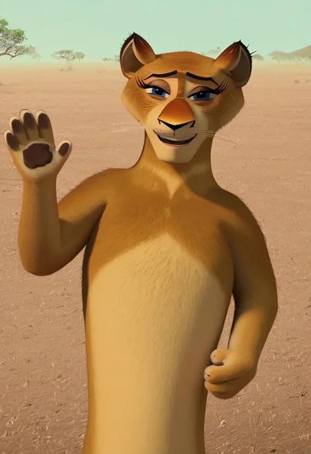 florrie_madagascar, 1girl, female furry, anthro, lioness, golden fur, eyelashes, blue eyes, whiskers, lion tail, score_9_up, score_8_up, score_7_up, looking at viewer, smiling, smug, waving at viewer, female focus, ultra detailed, detailed background, savanna background, masterpiece, best quality, 8k, Expressiveh, realistic, 3d,