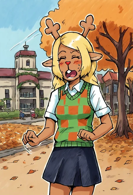 Bpb1,Detailed,Traditional media,Score_9, score_8_up, score_7_up, score_6_up,1girl,solo,( noelle_overworld:1.2),checkered sweater vest, skirt, shirt, deer ears, outdoors ,outside of a library building,  dutch angle,autumn,anthro reindeer, eyes closed ,scared, jump scare
