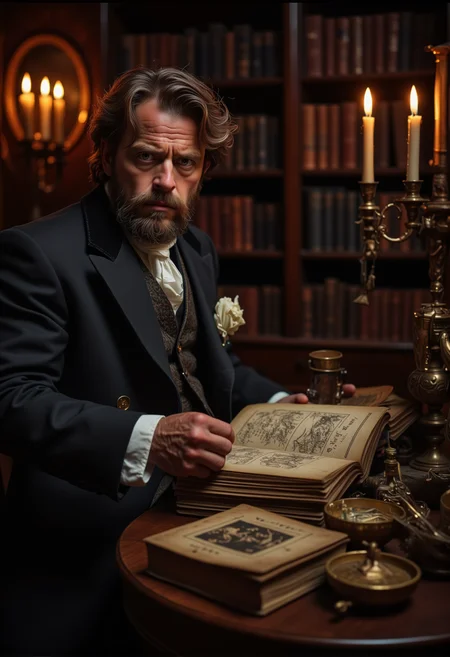 A scholar arranging books in a richly decorated study, illuminated by warm lamplight, with ancient maps and mysterious artifacts scattered around. bv-daraca<lora:bv-dark-academia-v1.safetensors:1.0:1.0>