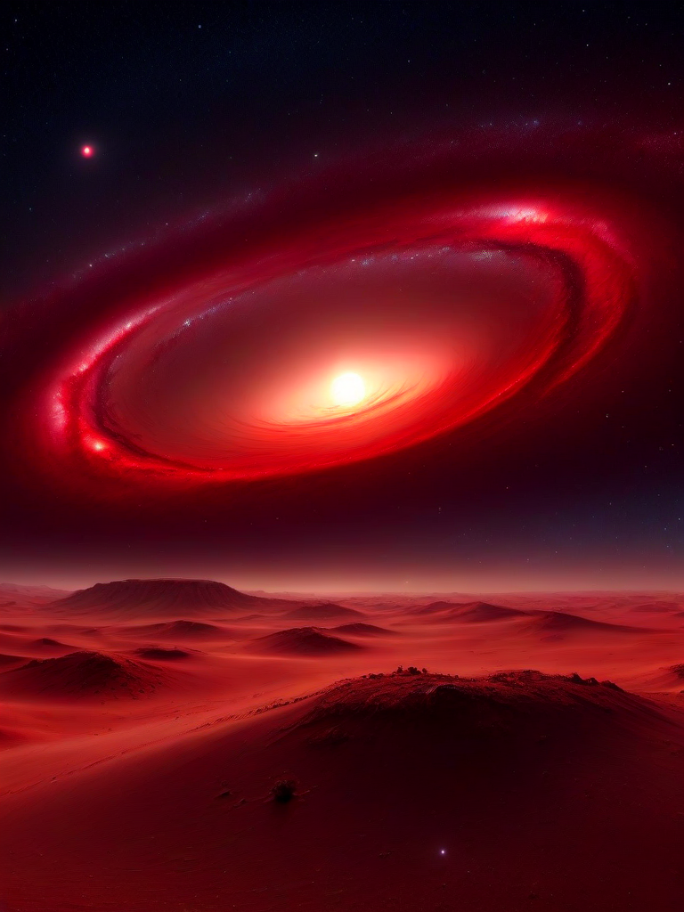 galaxy, (masterpiece), (extremely intricate:1.3), (realistic),a scene of a desert at night, in the sky a red elliptic galaxy, realistic, 4k, masterpiece