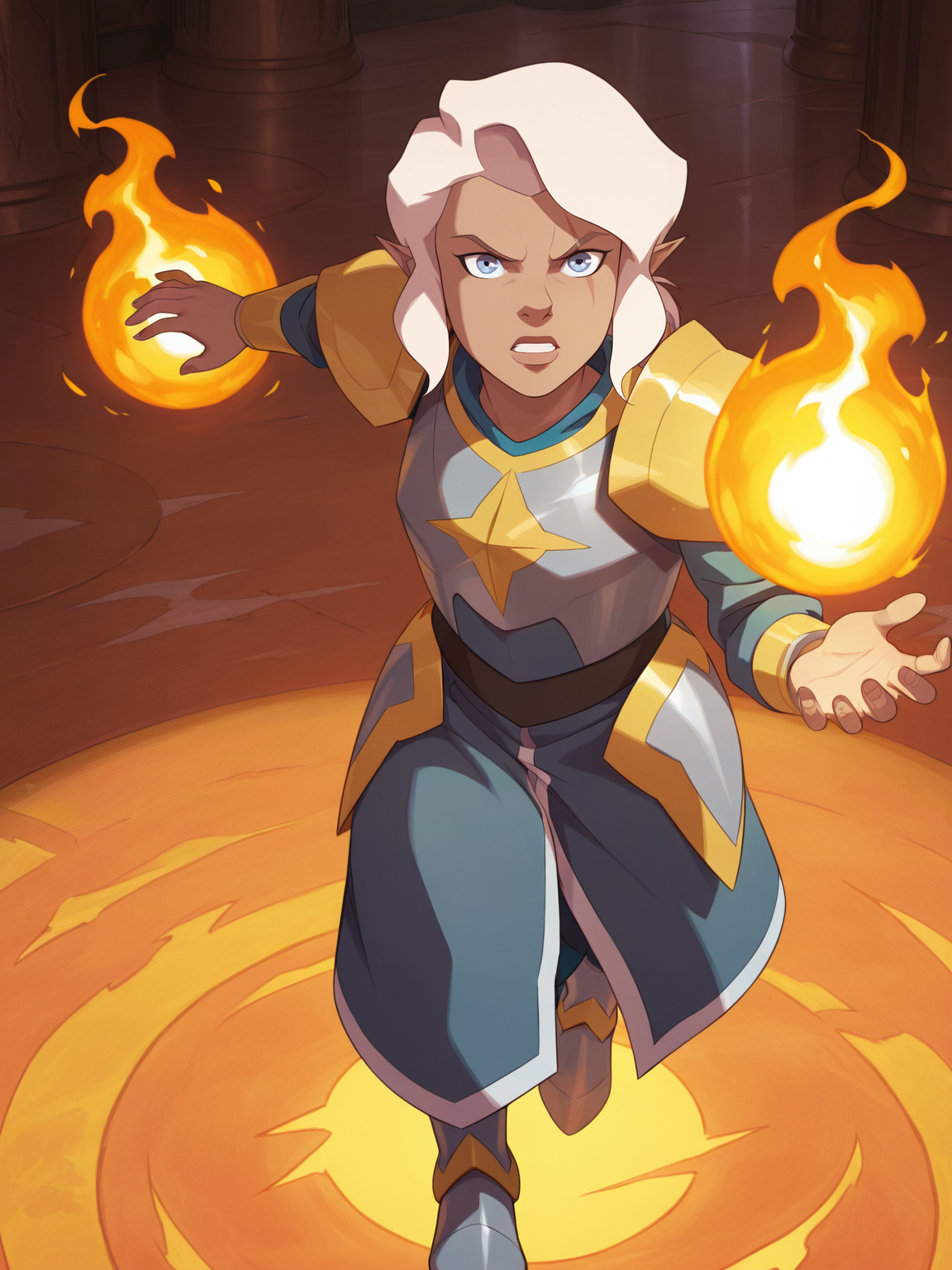 <lora:PikeIL:0.9> p_ke, 1girl, gnome, short body, white hair, short hair, bun hair, blue eyes, elf ears, scar on eye,
magic, magic robe, steel armor,glowing liens, fireball, action, full body, glowing background, magic background