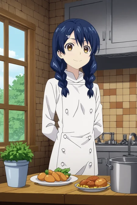 megumi tadokoro,1girl,solo,looking_at_viewer,twin braids,braid,yellow eyes,hair ornament,hair clip,chef,white shirt,white pants,breasts,upper body,hands behind the back,smile BREAK indoors,Cozy,white walls,small sink, marble countertop, food,vegetables,fridge,fruit, warm light, vintage stove behind,window with a garden, kitchen,orange brick wall,restaurant kitchen <lora:Megumi_Tadokoro_-_Food_Wars.safetensors:0.8> <lora:detailed_backgrounds_v2.safetensors:0.8>