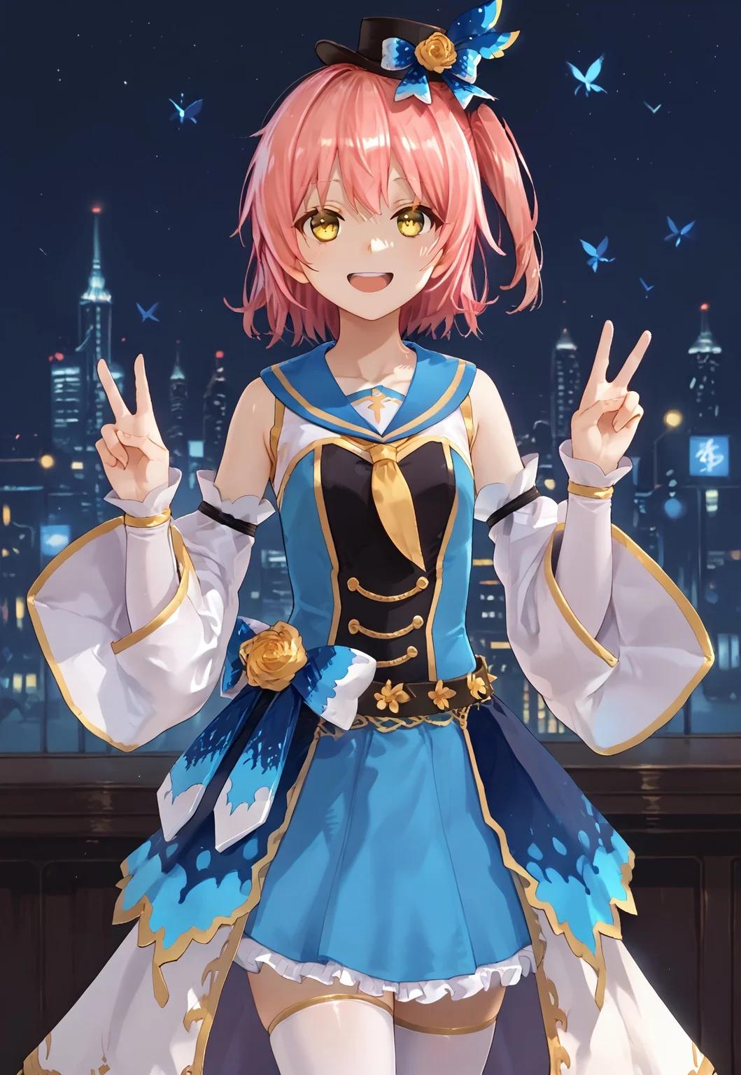 safe_pos, 1girl, solo, solo focus, highres, absurdres, CtK_LiYu, short hair, detached sleeves, yellow eyes, pink hair, white dress, mini hat, blue sailor collar, white thighhighs, blue bow, one side up, wide sleeves, white sleeves, white skirt, long sleeves, sleeveless, hair ornament, bang, belt, blue dress, bare shoulders,
looking at viewer, double v, smile, open mouth, hands up,
cityscape, neon lights, shade, night, night sky, dark, backlighting,
